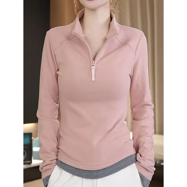 撞色拼接双面绒卫衣女2025冬季新款内搭打底衫时尚气质半拉链上衣