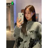 Vs what韩版休闲猫狗刺绣针织衫开衫秋