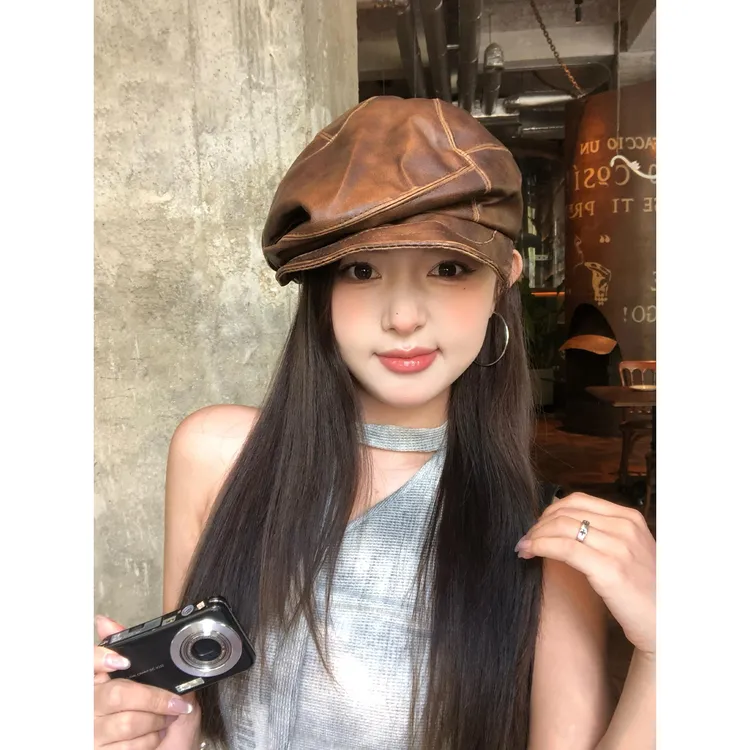 英伦复古褶皱废土风皮质贝雷帽女夏季街头辣妹个性显脸小八角帽子