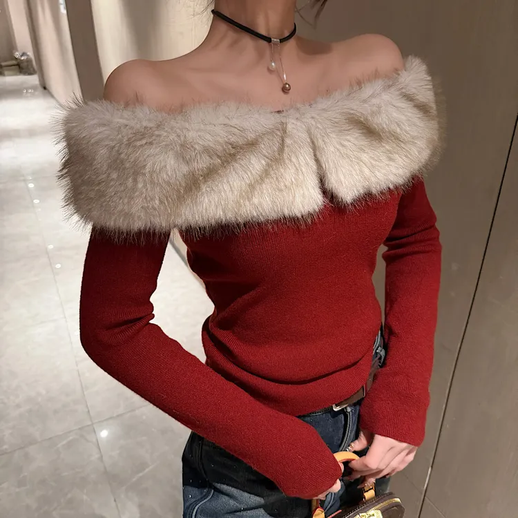 【钻石店铺优选】秋冬新款时尚设计感一字肩拼接毛毛显瘦针织上衣女