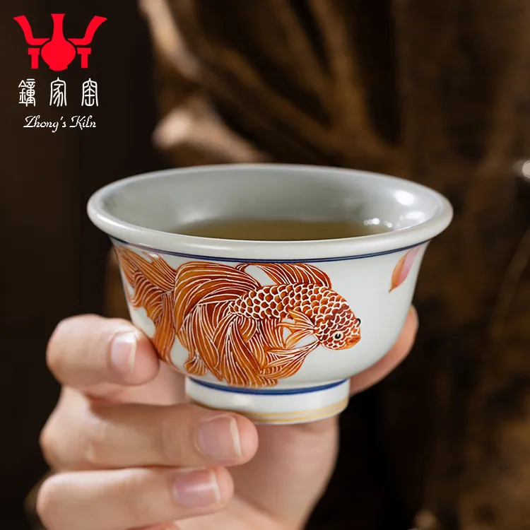 钟家窑陶瓷小茶杯景德镇枢府釉矾红描金金玉满堂小号压手杯陶瓷杯