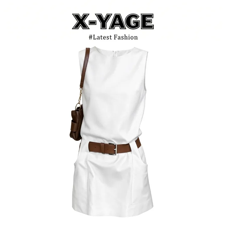 X-YAGE【禾呈】复古纯色圆领无袖连衣裙女夏季收腰显瘦气质连衣裙