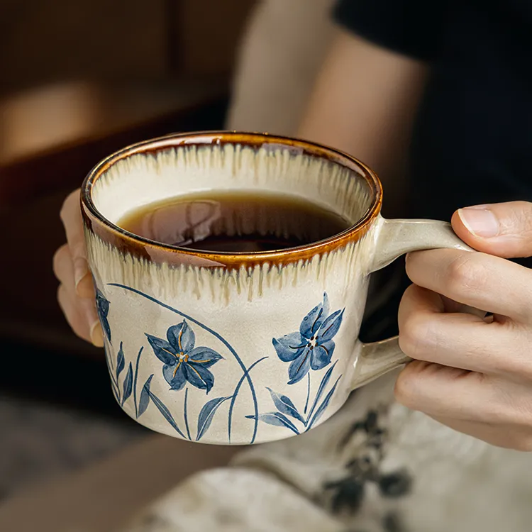 小悠家 蓝雪花中古风陶瓷马克杯办公室咖啡杯女生漂亮喝水杯子