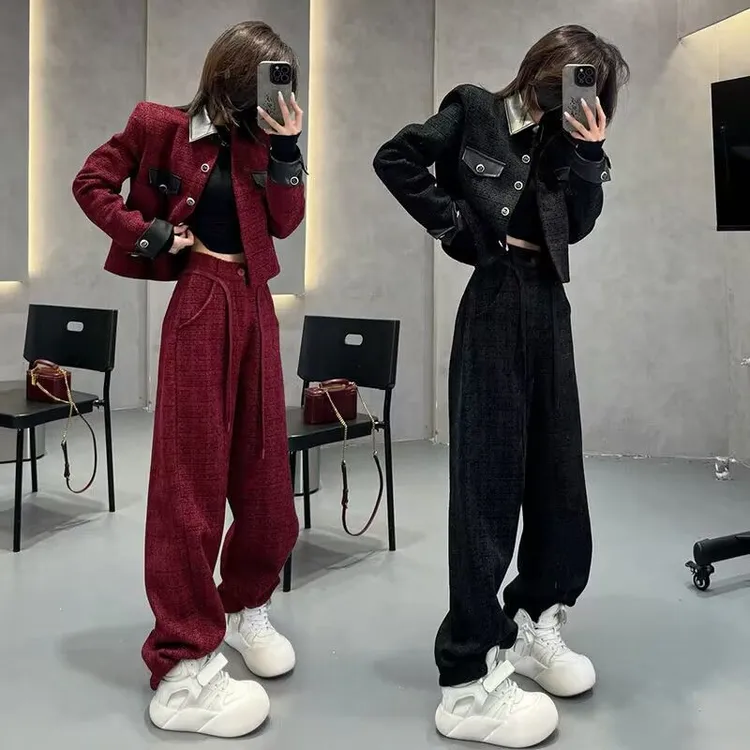 欧货2025春秋新款韩版时尚休闲套装女洋气拼接短外套直筒裤两件套