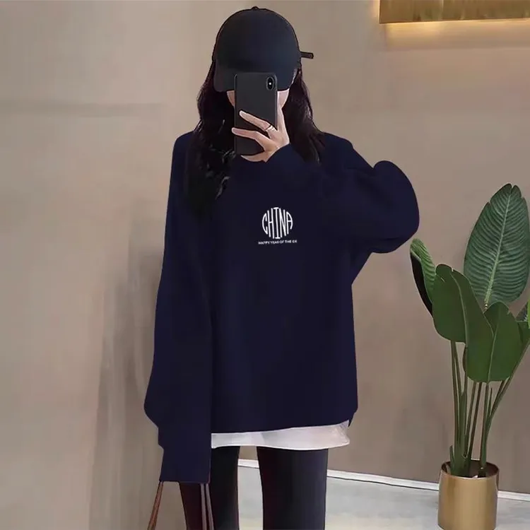 假两件圆领卫衣女2025秋冬新款宽松中长款遮屁股加绒加厚上衣拼接