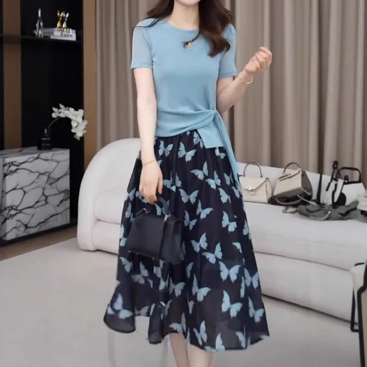 时尚套装百搭显瘦女神夏季圆领洋气连衣裙T恤休闲时尚两件套