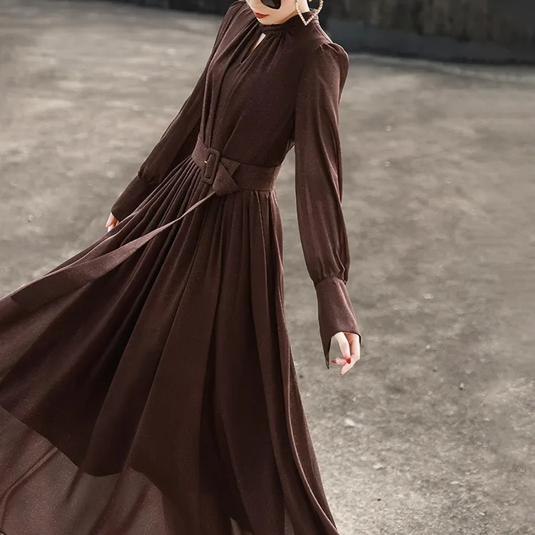 【有里布】【送腰带】2025春季新款气质名媛优雅长袖大摆连衣裙D0523