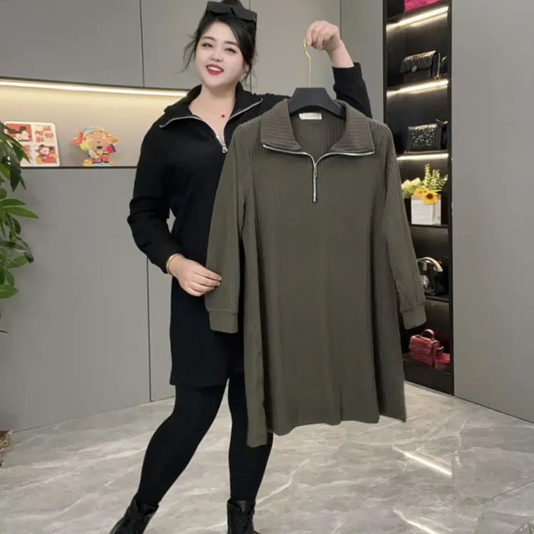 秋冬新款宽松显瘦大码250斤可穿拉链半开领时尚百搭A版大衫裙3054