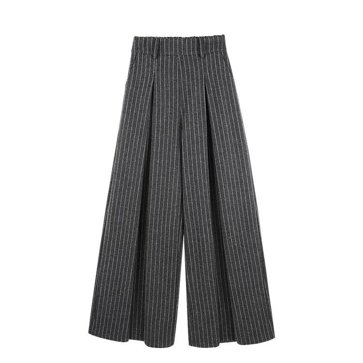 【拾光者】冬季宽松复古风竖纹松紧腰休闲裤毛呢长裤HBZW800067