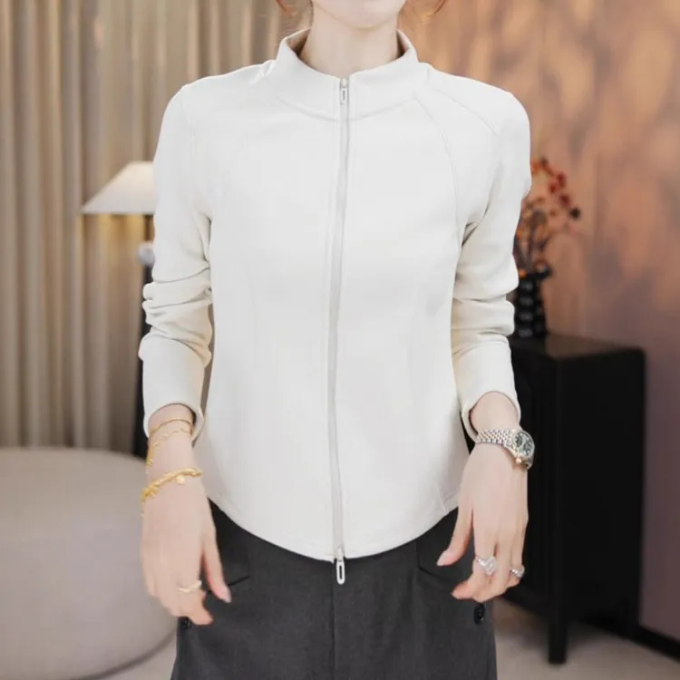 大码女装时尚洋气打底上衣女2025秋季法式修身立领双拉链长袖卫衣
