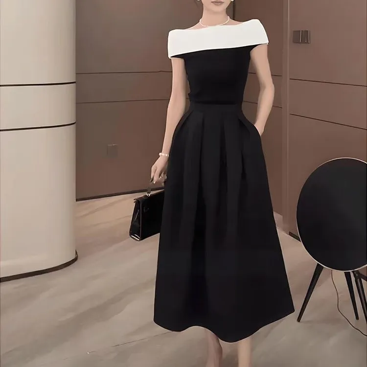 拉夏贝尔高级感黑白拼接一字肩上衣女2025夏季新款冰感针织小衫女