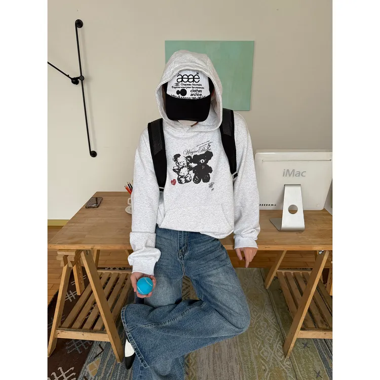 19studio WAYNEPRINCE韩版简约卡通小熊连帽卫衣百搭套头上衣男女