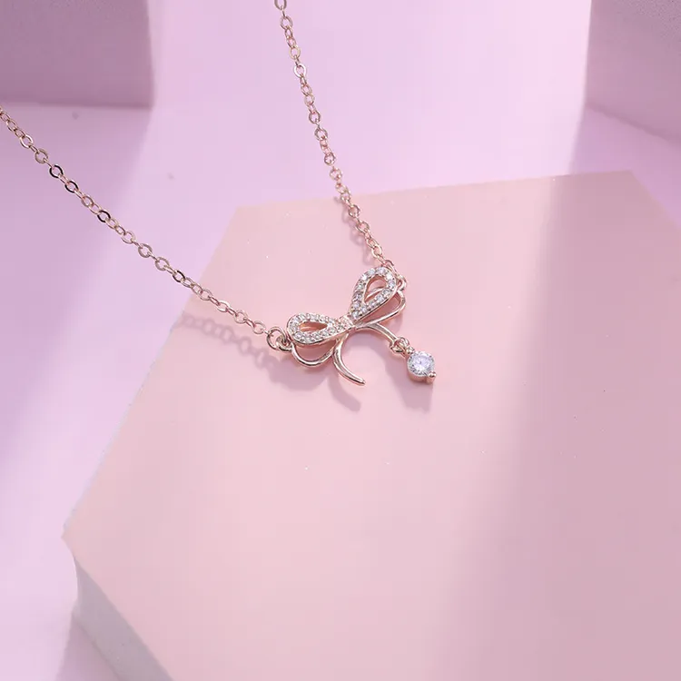坠链均足银锆石 双层蝴蝶结项链女轻奢小众高级感吊坠蝶梦锁骨链