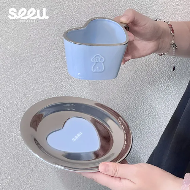 seeu少女心镜马克杯碟套装陶瓷水杯早餐杯咖啡杯伴手礼180ml
