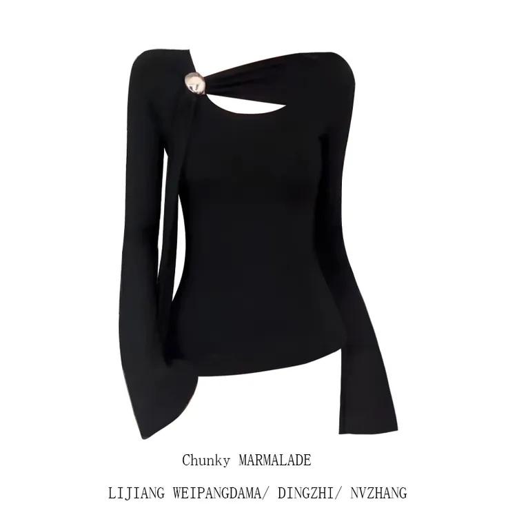 大码胖mm辣妹风斜肩飘带设计感长袖T恤女秋季时尚修身打底衫上衣