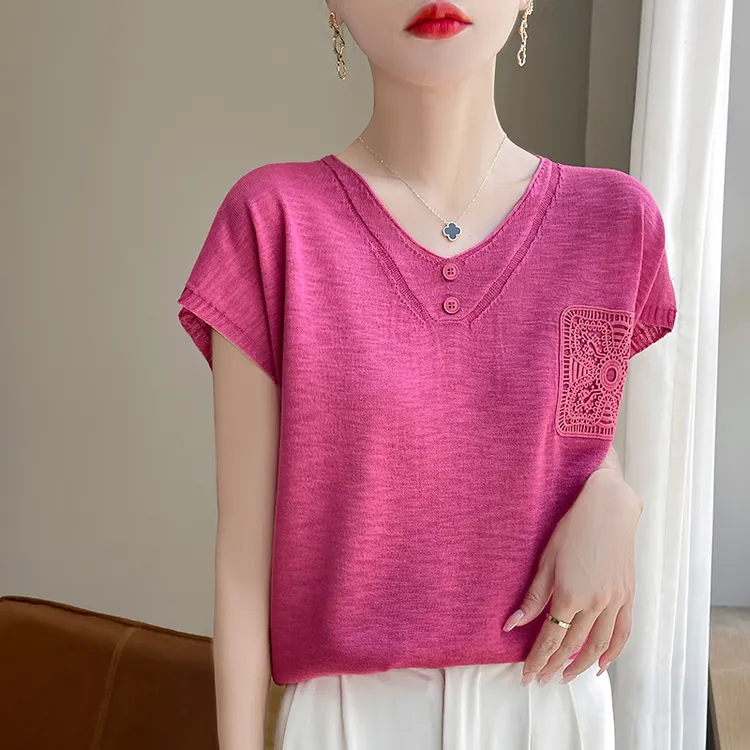 舒适凉感竹节麻针织短袖女V领夏季轻薄精致钩花冰爽丝亲肤透气T恤