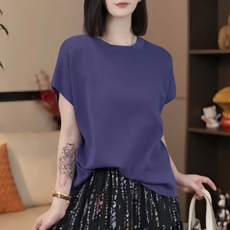 蝙蝠袖2025夏季薄款针织衫女透气凉爽防晒老钱风圆领小衫气质上衣