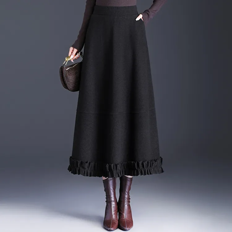 加厚冬裙木耳花边拼接毛呢半身裙女2025秋冬款高级感优雅风A字裙