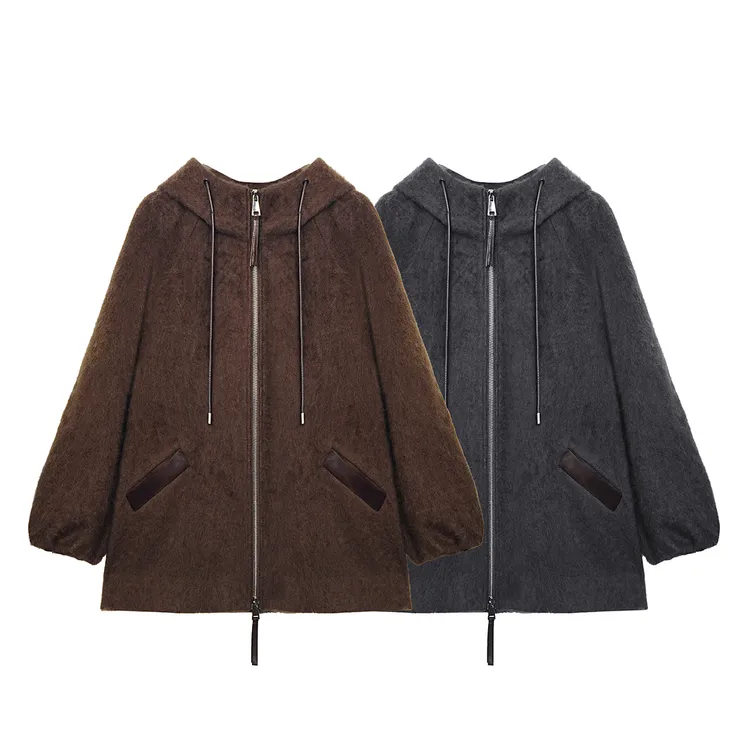 金雀绫【北欧大道】百搭宽松加宽加大连帽大衣毛呢外套SZAK4MPL200