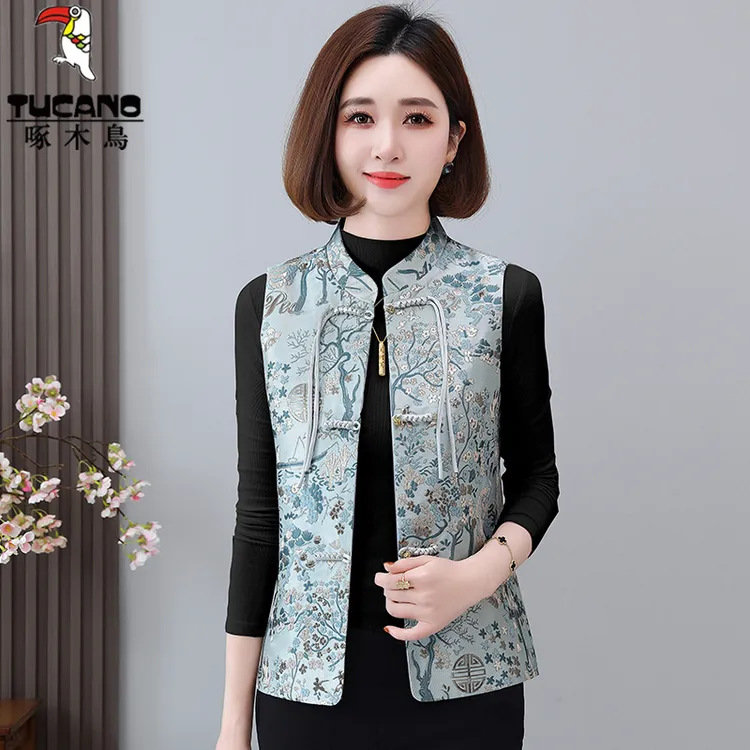 啄木鸟新中式马甲女春秋2025新款洋气时髦马夹妈妈民族风坎肩背心