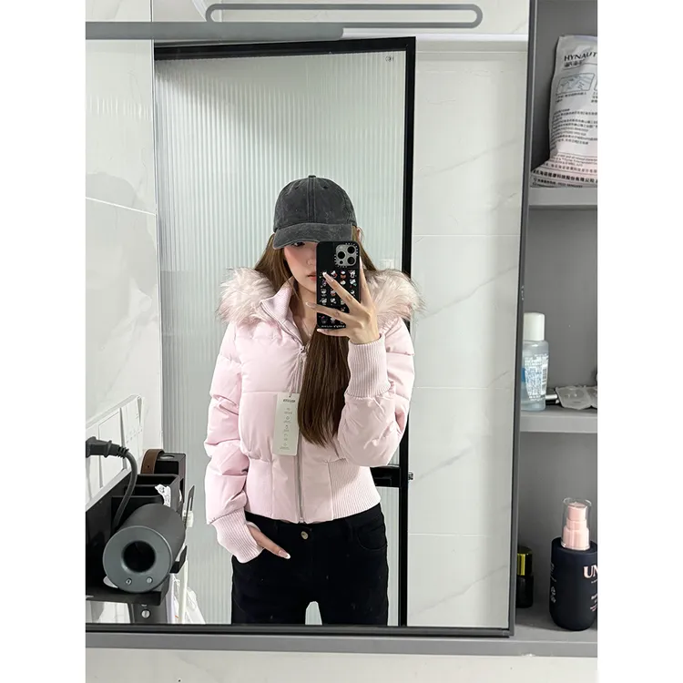 【韩女日记】小海鸥可拆卸毛领短款粉色棉服冬季显瘦保暖22986#