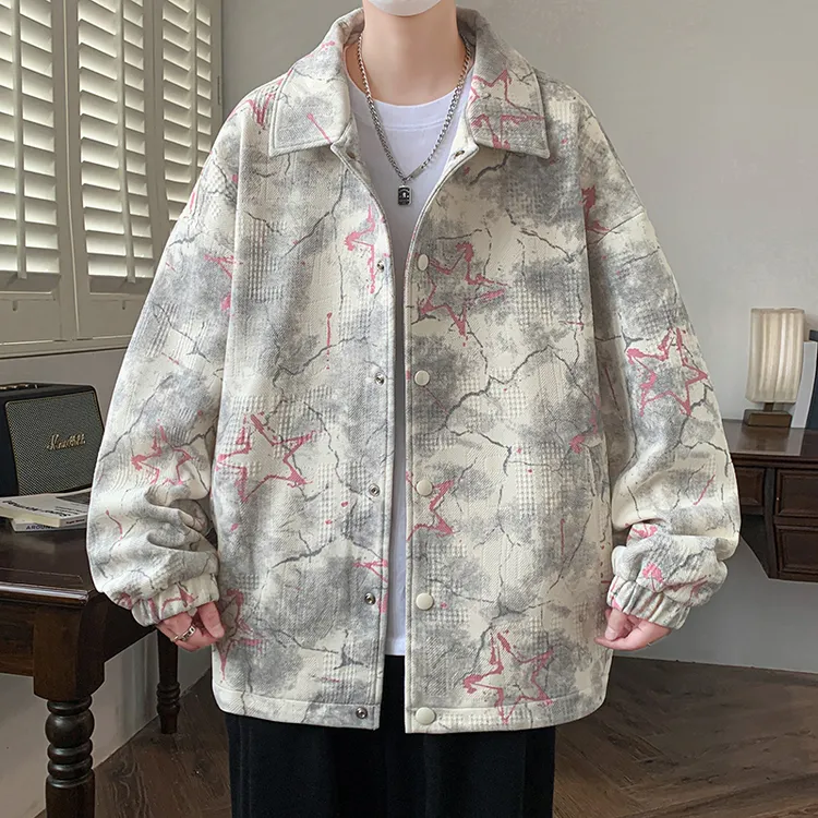 重磅外套男春秋季美式青少年学生休闲潮流夹克衬衣扎染上衣服翻领