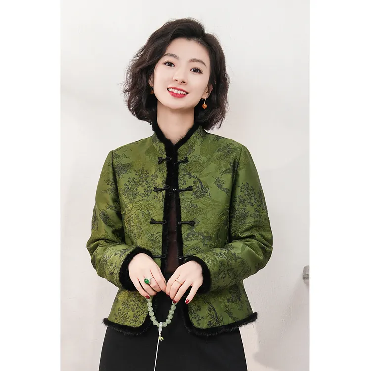 立体提花山水画水貂毛拼接棉服老料棉服加绒加厚棉衣外套秋冬