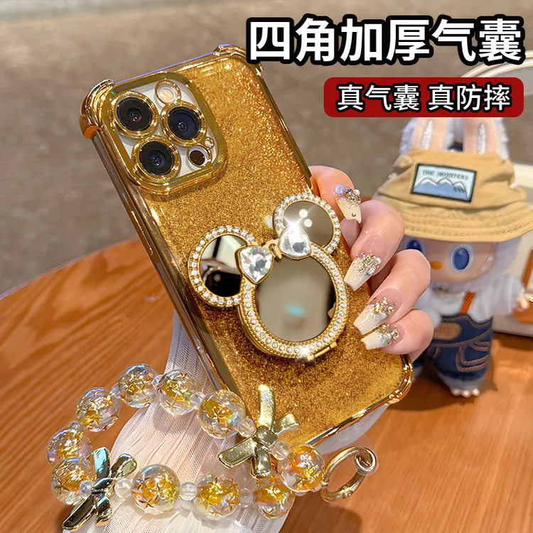 金色米奇镜子支架手机壳适用于苹果oppo华为vivo电镀防摔网红流行