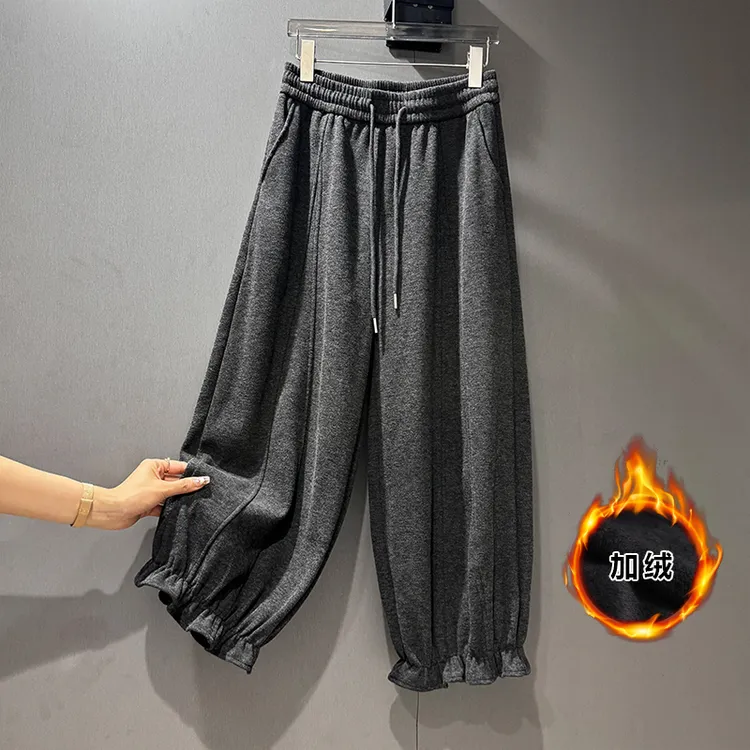 毛呢灯笼裤子女小个子花苞裤加绒高腰九分阔腿木耳花边加厚秋冬