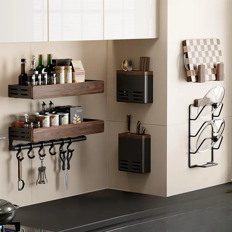 胡桃木厨房置物架中古风免打孔多层实木打孔壁桌面厨房沥水置物架