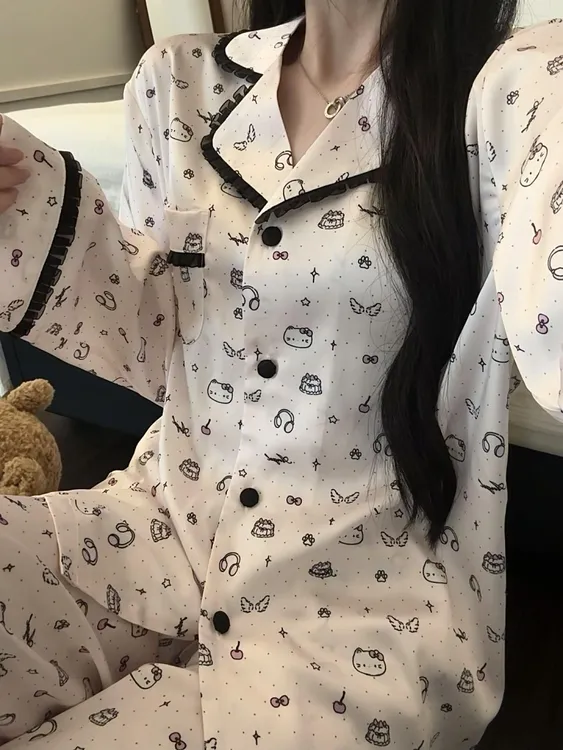 可爱Kitty拼接蕾丝边甜美冰丝睡衣女秋季新款长袖长裤家居服套装