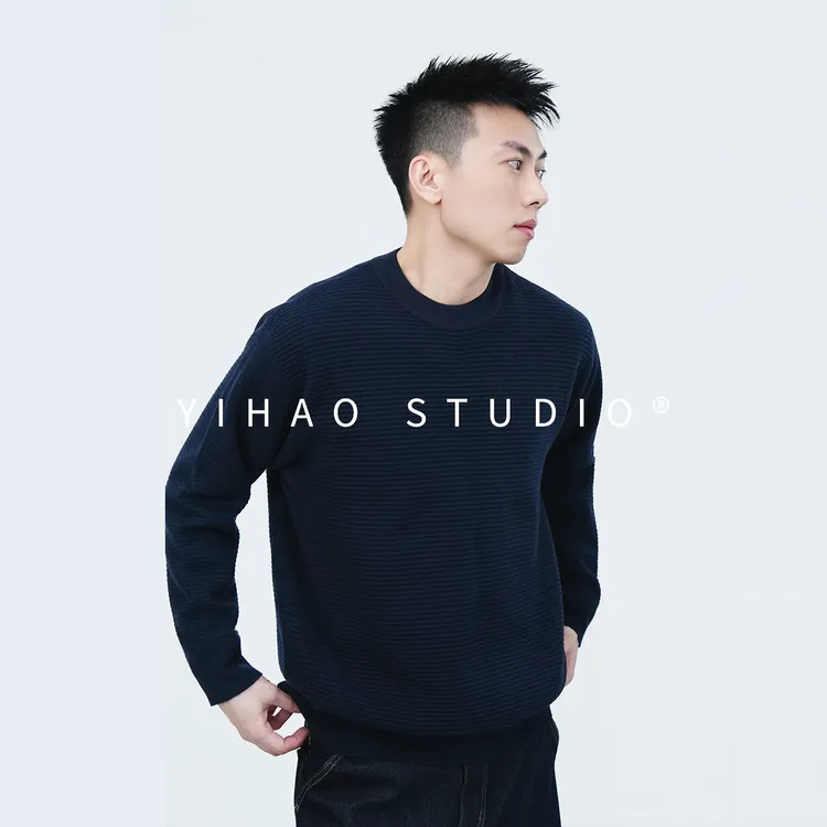 YIHAO STUDIO秋冬老钱风简约绵羊毛混纺针织衫休闲时尚圆领毛衣