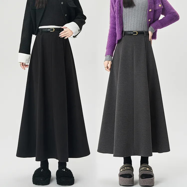 黑色毛呢半身裙女秋冬新款高腰显瘦中长款a字裙遮胯垂感大摆伞裙