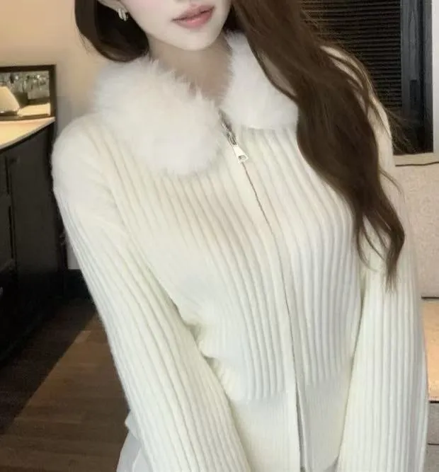 毛领女秋冬毛针织衫拉链针织长袖针织白色韩版翻领毛衣外套上衣