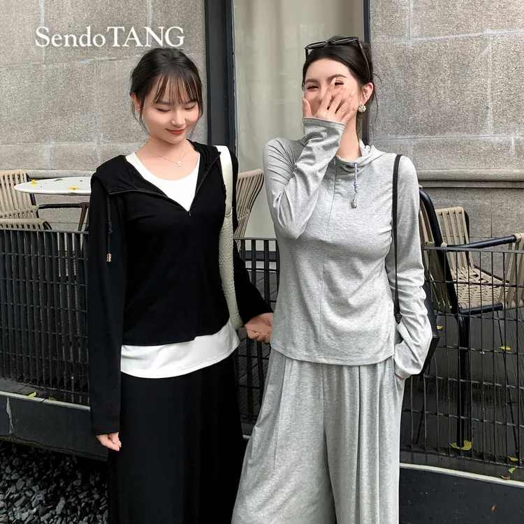 背心连帽外套半裙超火穿搭一整套胖多女装新款时尚套装【茶苓】