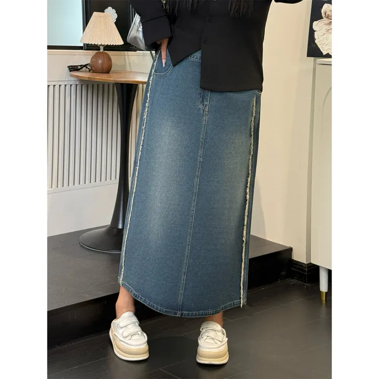 断码捡漏~大码女装秋季花契200斤胖mm水洗开叉牛仔半身裙6622-H