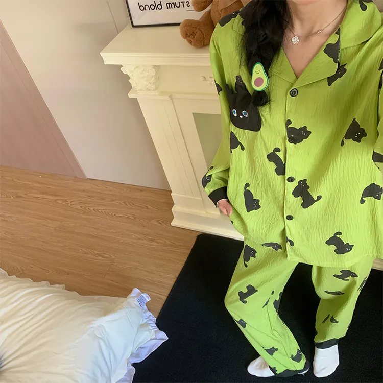 2025春秋季新款卡通可爱小猫睡衣女云朵棉长袖开衫家居服套装秋天