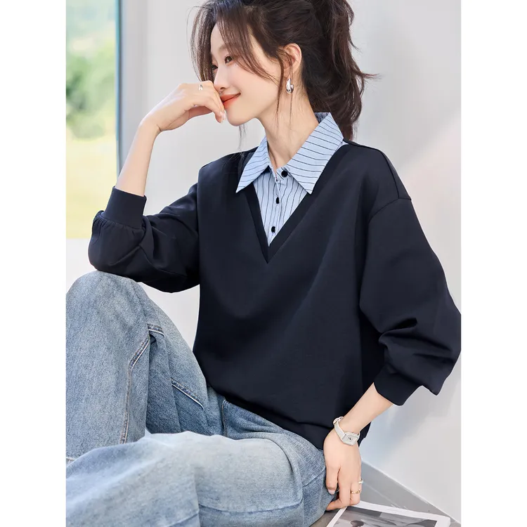 韩系条纹衬衫拼接卫衣女春秋2025新款宽松套头衬衣时尚假两件上衣