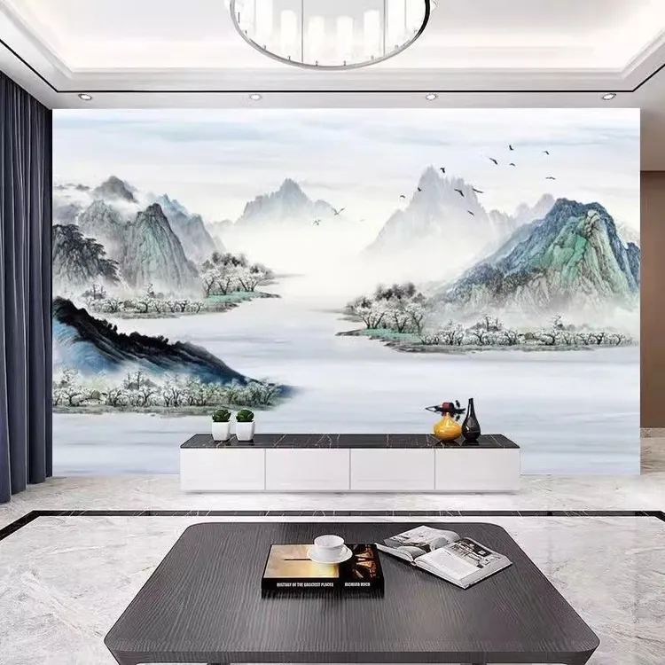 定制壁画新中式意境山水18D立体电视背景墙现代客厅沙发壁纸壁布