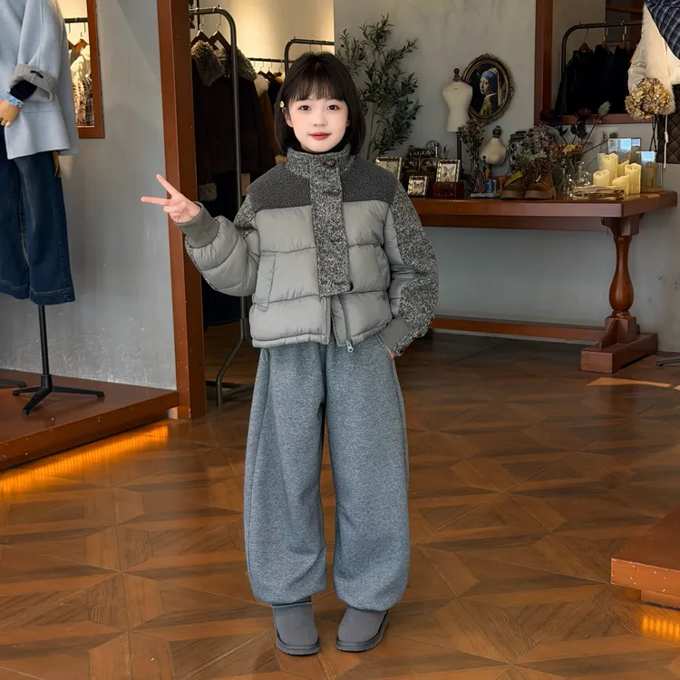 灰色羊羔毛拼接棉衣加绒弯刀裤女童冬季2025新款爆款超火面包服韩