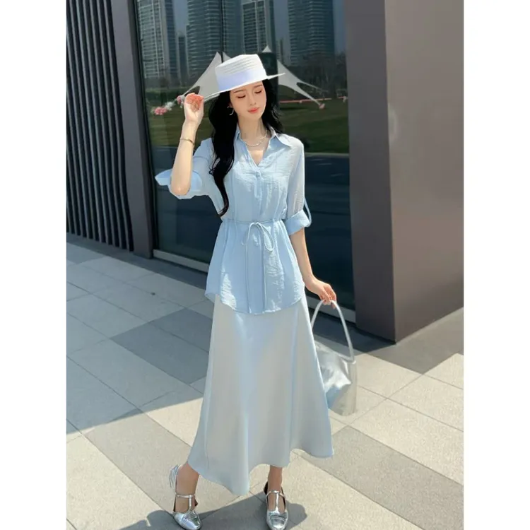 【2093人收藏】欧洲站2025春夏新款遮肚显瘦天丝收腰衬衫吊带绸缎连