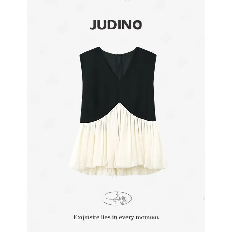 夏季新款法式撞色拼接V领无袖T恤女气质时尚设计感小众显瘦上衣