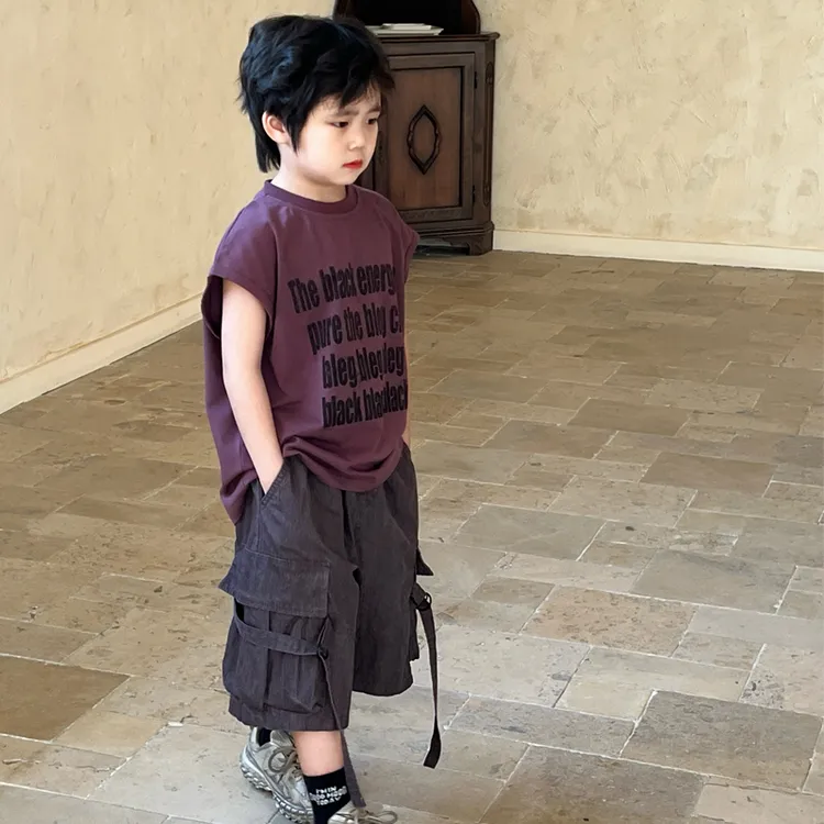 男童夏装套装2025新款男孩夏季无袖衣服儿童帅洋气时髦紫色工装裤