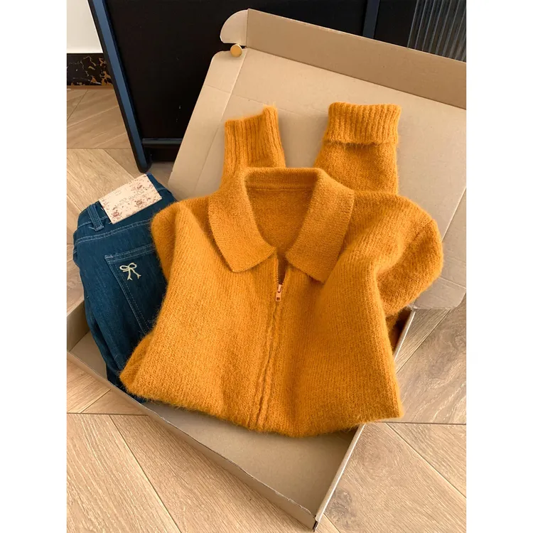绝美！这种货闭眼收~南瓜橘针织衫女翻领拉链毛衣气质时髦显瘦开衫