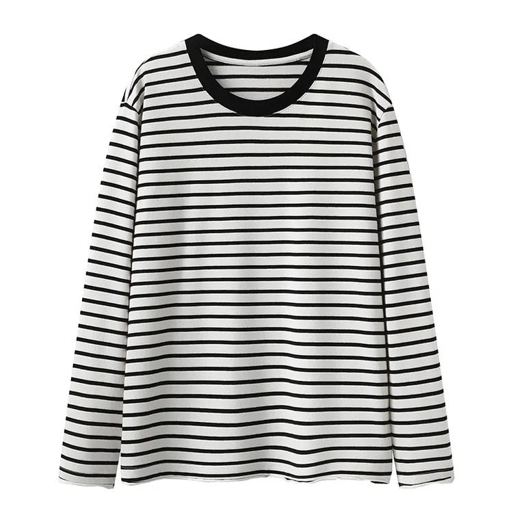 长袖条纹T恤小奶芙宽松长袖恤圆领百搭春秋套头内搭春装8922