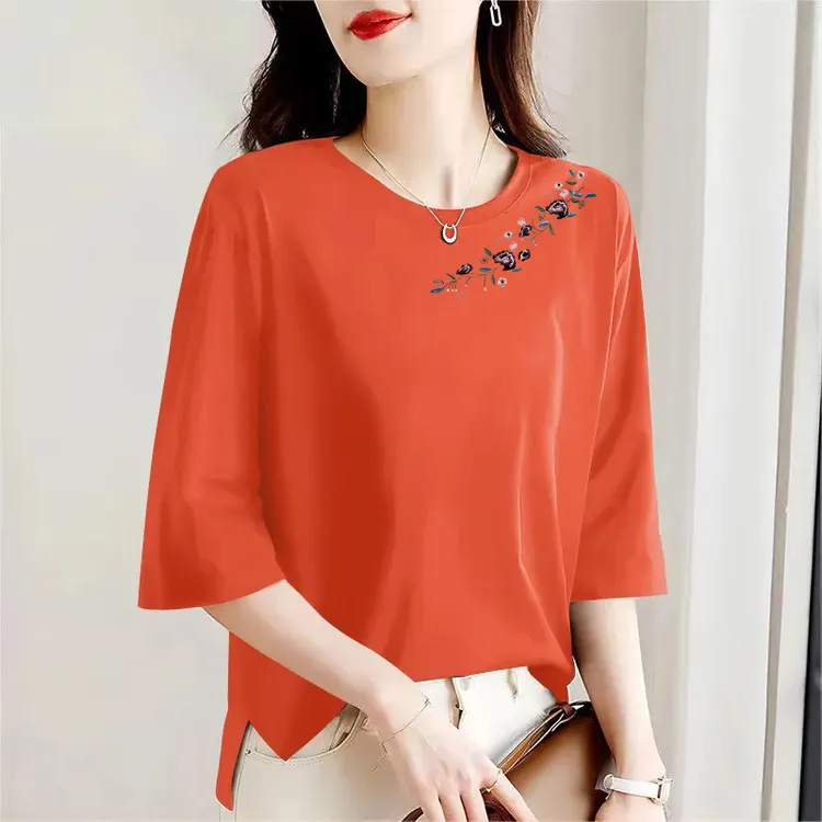 品牌折扣外贸~高级100%纯棉新款圆领t恤大码胖mm七分袖显瘦上衣女