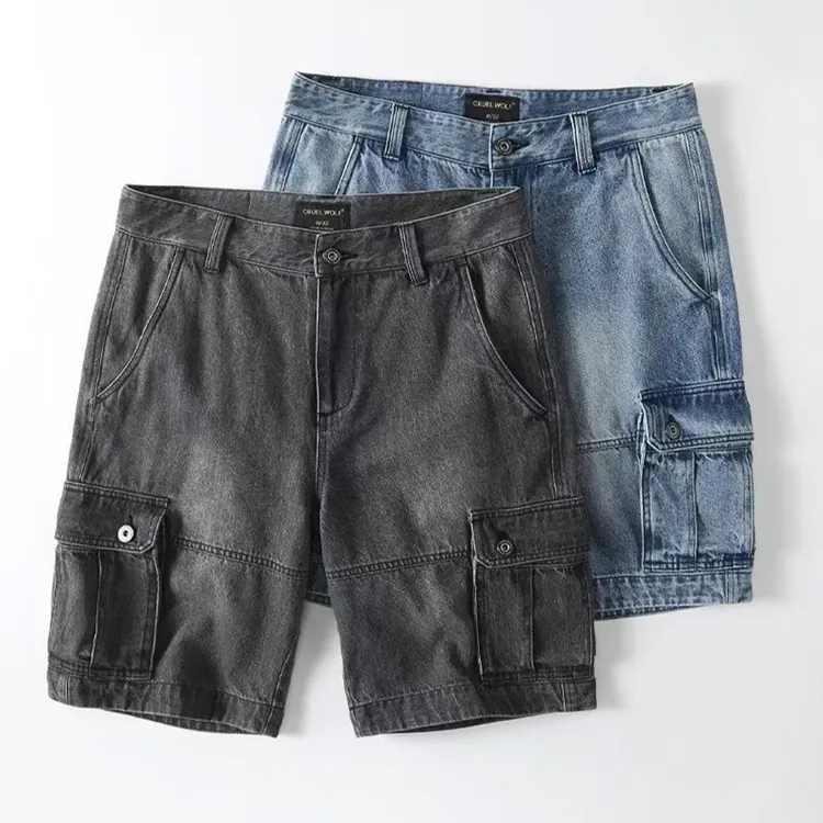 美式复古做旧多口袋牛仔裤夏季短裤男士港风宽松中裤厚款中裤子潮