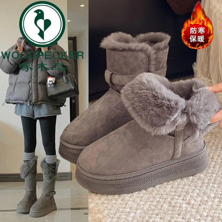 啄木鸟厚底雪地靴女2025新款冬季加绒加厚保暖防滑防水东北棉鞋女