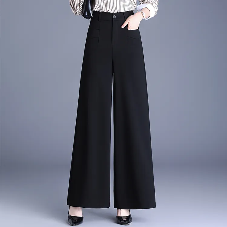拉夏贝尔黑色直筒裤女2025春季新款高腰垂感显瘦遮胯时尚阔腿裤子