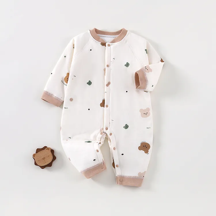 新生儿春秋夹棉连体衣40克薄棉婴儿无骨长袖保暖宝宝睡衣爬服纯棉